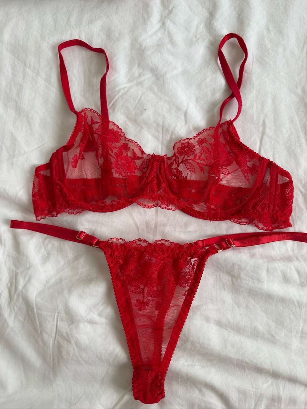 Sheer Floral Lace Red Bra & Thong Set